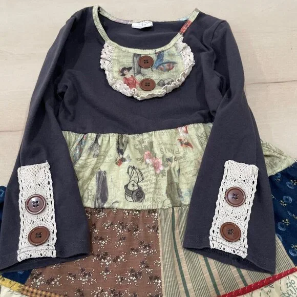 Tutu and Lulu Girls Dress 3-4T Ruffles Patchwork Victorian Stretch Long Sleeve - Picture 4 of 6